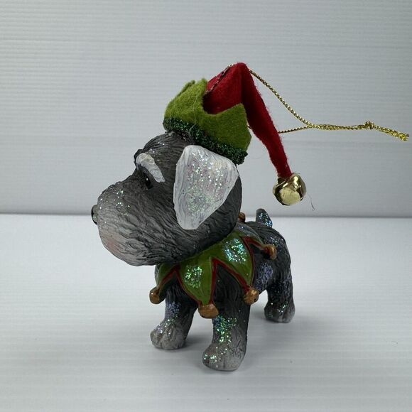Schnauzer Dog Christmas Ornament - Wearing Santa Elf Hat & Collar - Picture 4 of 12